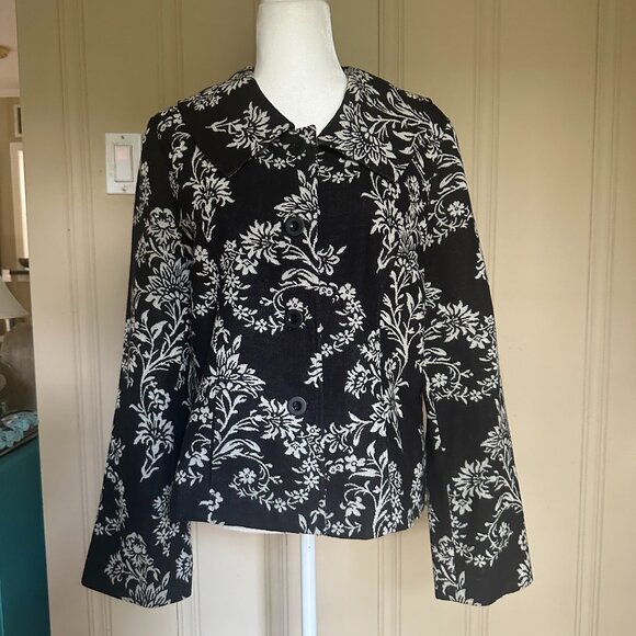 Pendleton 100% Virgin Wool Blazer Jacket Short Black White Floral sz 14 - Picture 1 of 12